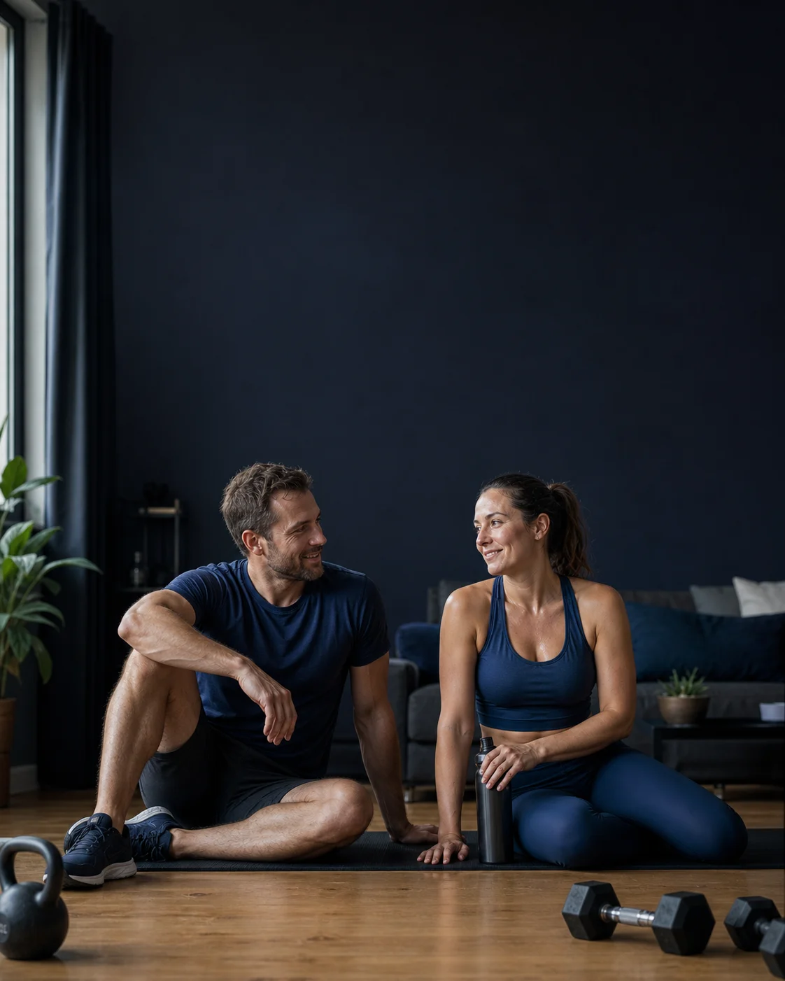 Un hombre y una mujer descansan juntos entre series de entrenamiento funcional en la sala de su casa.